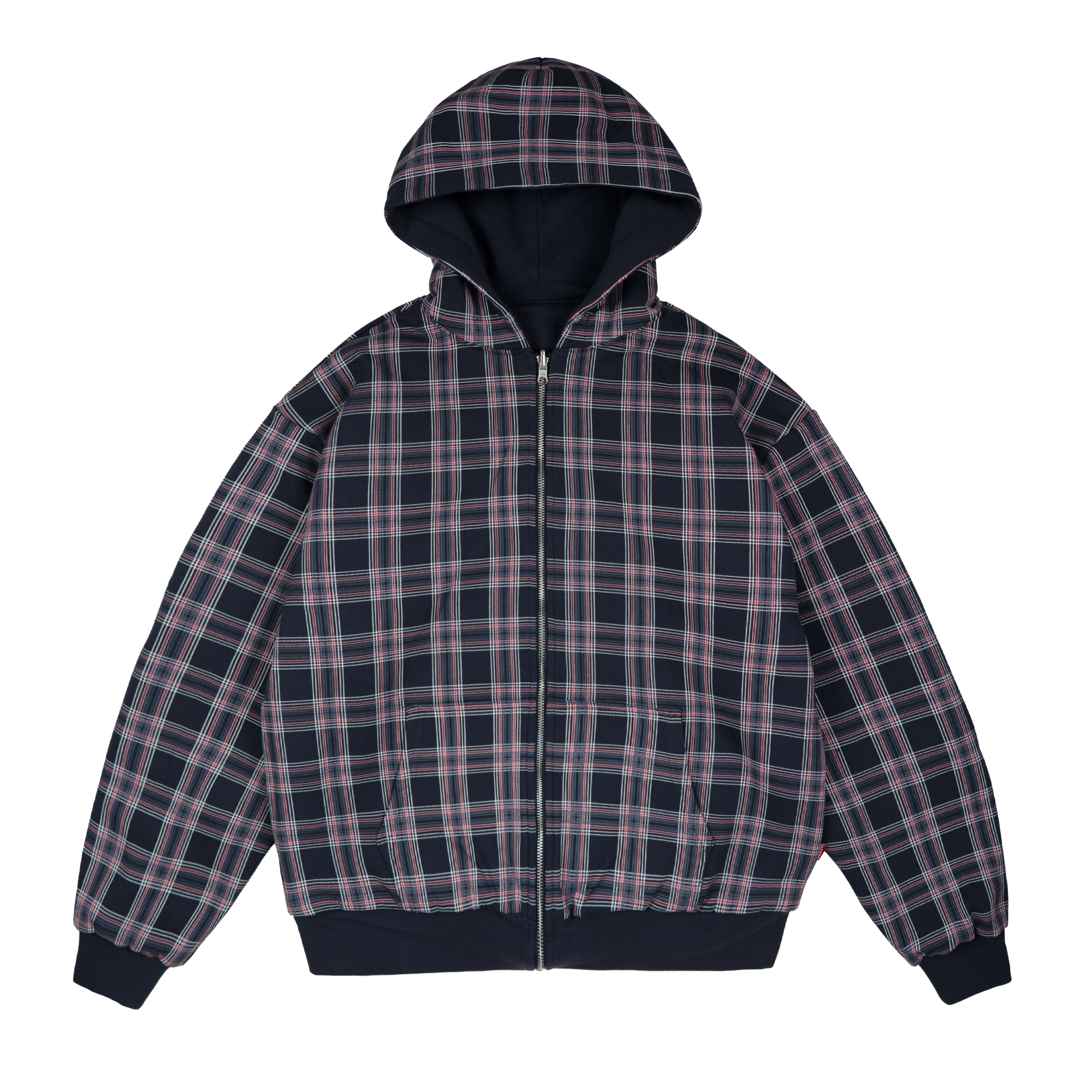Plaid Reverse Zip Hoodie [Plaid Pink/Navy] – 99Based