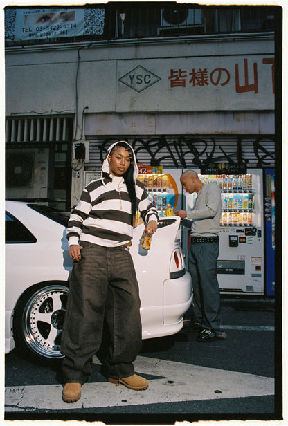 Striped Hooded Rugby Polo Knit [Brown/White]