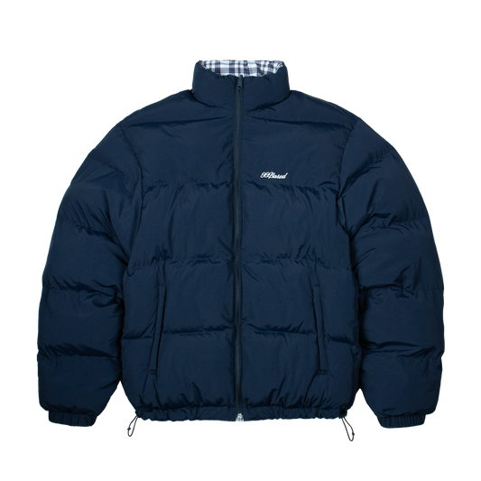 Reverse Plaid Puffer Jacket [Navy/Plaid White]