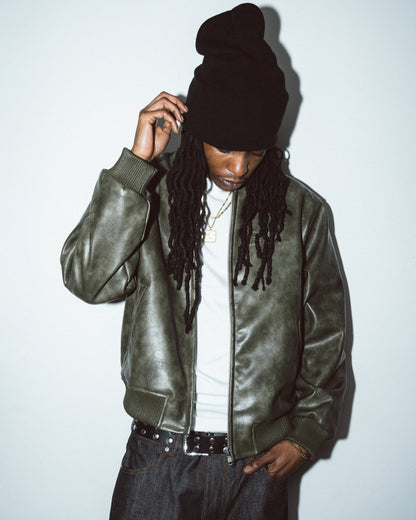 0099 Leather Bomber Jacket [Khaki]