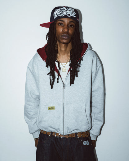 Reverse Waffle Zip Hoodie [Grey Melange/Wine Red]