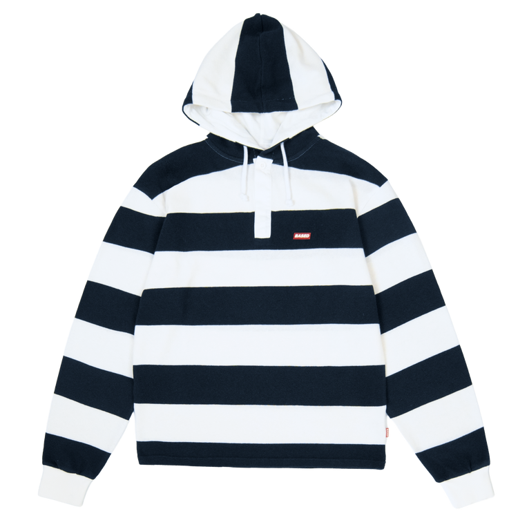 Striped Hooded Rugby Polo Knit [Navy/White]